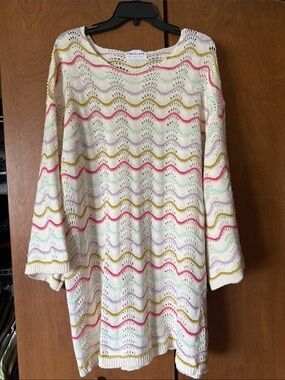 First Love Ivory Open-Knit Sweater Dress with Pastel Wave Stripes